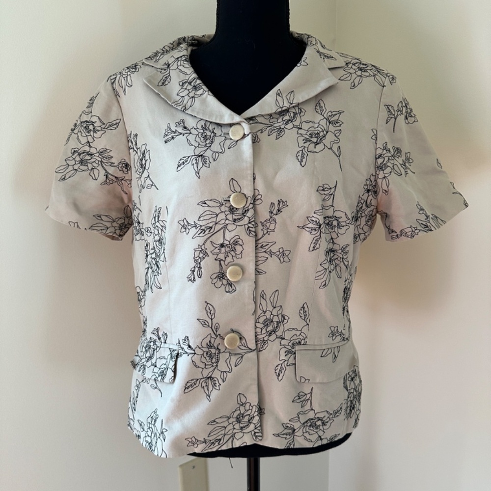 **KATE HILL* Tan x Black Floral Short Sleeve Blazer Suit Jacket Size 14